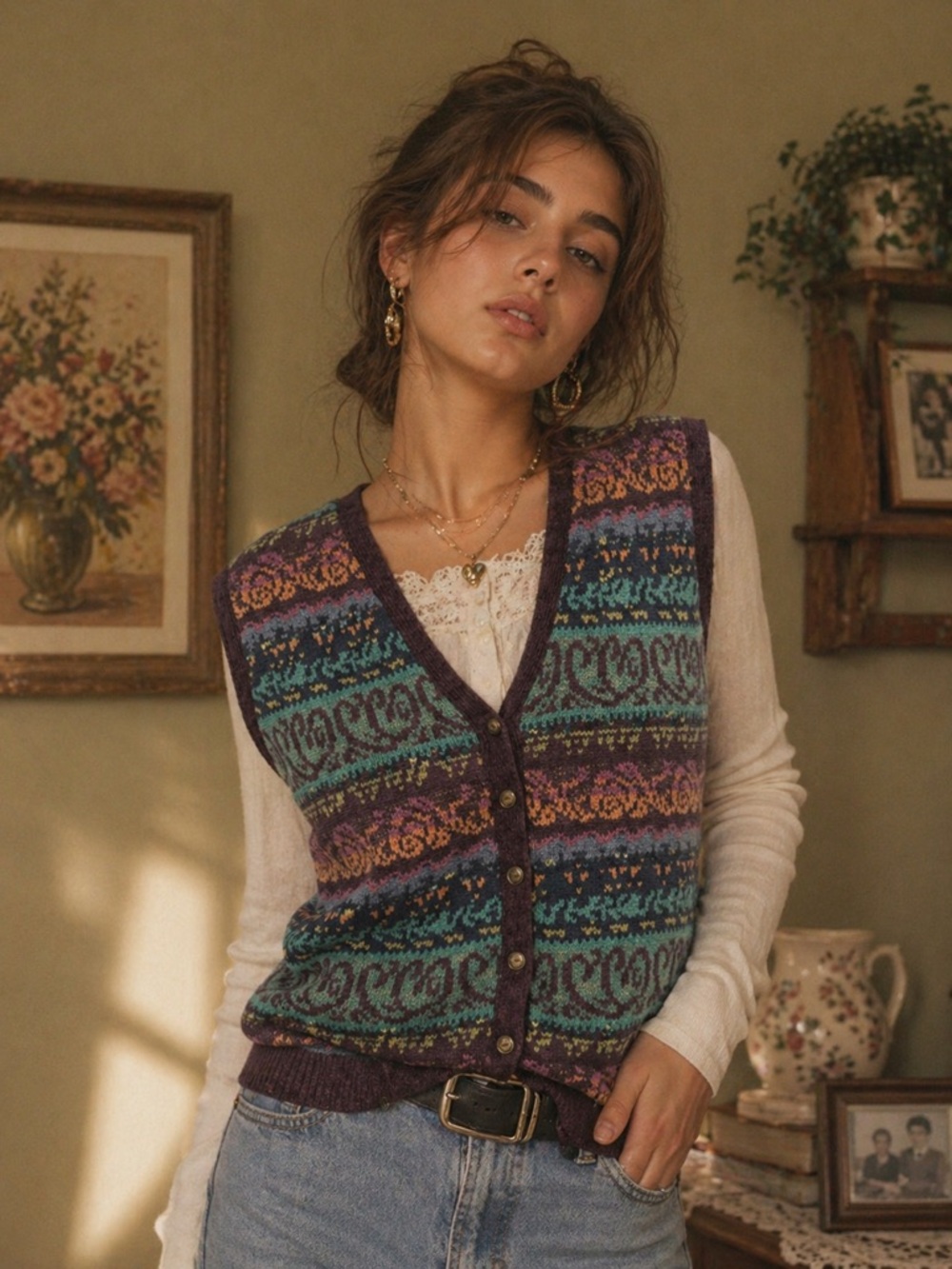 Vintage Koret Patterned Knit Sweater Vest Purple Teal Button Up Grandmacore M - Picture 9 of 9